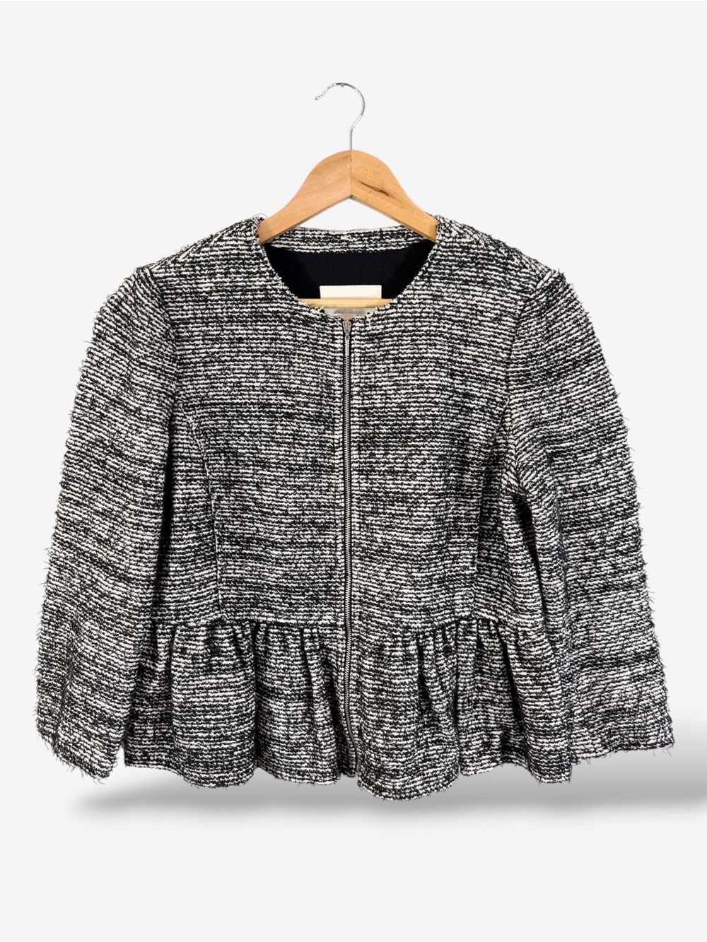 Rebecca Taylor Tweed Peplum Jacket Size 10 Full Zip 3/4 Sleeve Black Gray Yarn